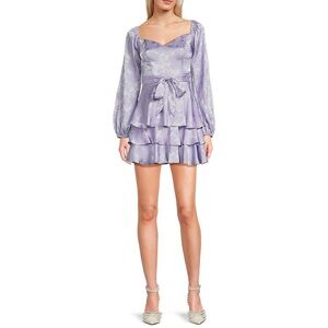 B.Darlin Satin Jacquard Floral Print V-Neck Tiered Ruffle Dress NWT Lilac 13/14